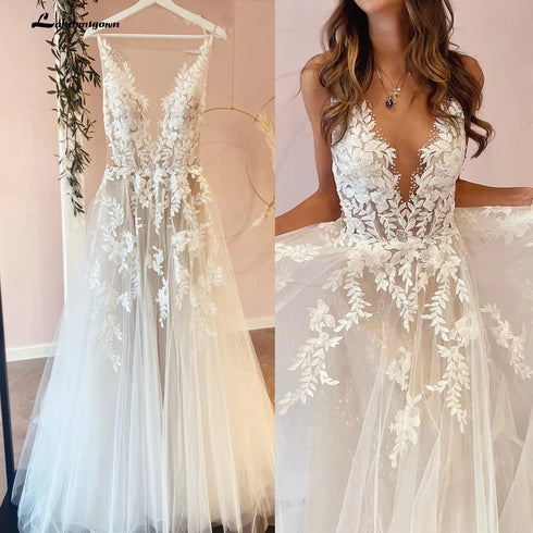 Sexy A-Line Backless Wedding Dress Customized Lace Applique Tulle Gowns